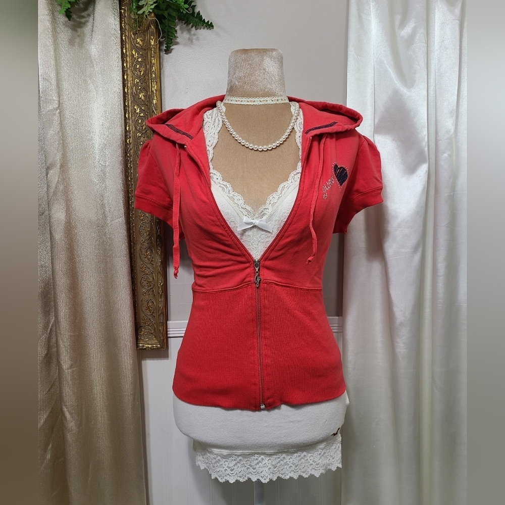 ♡ Y2K ♡ Guess Red Rhinestone Heart Logo Short Sleeve Zip-Up Hoodie